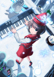 Rule 34 | 1girl, aqua eyes, black hair, blush, foreshortening, frills, from above, full body, hat, instrument, keyboard (instrument), looking at viewer, looking up, luke (kyeftss), lyrica prismriver, music, musical note, outdoors, playing instrument, red footwear, red skirt, red vest, shoes, short hair, skirt, skirt set, smile, snow rabbit, snowflakes, snowing, socks, solo, standing, star (symbol), touhou, vest, white socks