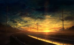 Rule 34 | absurdres, chain-link fence, cloud, fence, guard rail, highres, lamppost, mks, no humans, original, outdoors, power lines, river, scenery, sky, sunset, transmission tower, utility pole