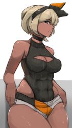 Rule 34 | 1girl, abs, aged up, bad id, bad pixiv id, bare arms, bea (pokemon), black bodysuit, black choker, blonde hair, blue eyes, bodysuit, bow hairband, breasts, choker, cleavage, cleavage cutout, closed mouth, clothing cutout, commentary, creatures (company), dark-skinned female, dark skin, game freak, hairband, large breasts, leotard, mizuhi yuu, nintendo, pokemon, pokemon swsh, short hair, short shorts, shorts, smile, solo, wide hips
