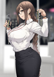 Rule 34 | 1girl, black skirt, blush, braid, braided ponytail, breasts, brown eyes, brown hair, can, canned coffee, collared shirt, dress shirt, drink can, earrings, fate/grand order, fate (series), from side, glasses, jewelry, lanyard, large breasts, long hair, long sleeves, looking at viewer, multiple earrings, naha78, office lady, open mouth, pencil skirt, shirt, single braid, skirt, smile, solo, very long hair, white shirt, yu mei-ren (fate)
