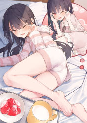 Rule 34 | 1girl, ass, barefoot, black hair, blush, commentary request, cup, food, fruit, hair between eyes, long hair, looking at viewer, lying, messy hair, milk, multiple views, on bed, on side, one eye closed, open mouth, original, pajamas, red eyes, rubbing eyes, shorts, sleepwear, strawberry, sweater, thighs, thought bubble, toenails, tokuno yuika, tray, waking up