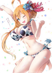 Rule 34 | 1girl, ;d, ahoge, alternate costume, animal print, arm above head, arm up, bare shoulders, barefoot, bikini, blue eyes, blue flower, bouncing breasts, braid, braided ponytail, breasts, bursting breasts, chinese zodiac, cleavage, cow print, cow tail, fake tail, feet, flower, hair between eyes, hair flower, hair ornament, hair ribbon, hairpin, happy, jumping, large breasts, long hair, looking at viewer, natsushima memo, navel, one eye closed, open mouth, orange hair, outstretched arm, pecorine (princess connect!), princess connect!, print bikini, red ribbon, ribbon, sidelocks, simple background, skindentation, smile, solo, spaghetti strap, star (symbol), starry background, string bikini, swimsuit, tail, thighs, toes, underboob, white background, wink, year of the ox