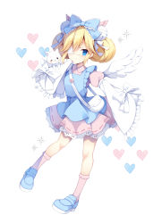 Rule 34 | 1girl, animal, apron, bag, bell, blonde hair, blue apron, blue bow, blue eyes, blue footwear, bobby socks, bow, cat, collared dress, commentary request, commission, cutesu (cutesuu), double bun, dress, eyepatch, feathered wings, frilled sleeves, frills, hair bell, hair between eyes, hair bow, hair bun, hair ornament, heart, highres, izuminanase, jingle bell, layered sleeves, loafers, long sleeves, medical eyepatch, original, pink dress, pink socks, pixiv commission, pleated dress, puffy short sleeves, puffy sleeves, shoes, short over long sleeves, short sleeves, shoulder bag, simple background, sleeves past fingers, sleeves past wrists, socks, solo, white background, white cat, white wings, wide sleeves, wings