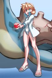Rule 34 | 1girl, breasts, competition swimsuit, cowboy shot, creatures (company), game freak, gen 1 pokemon, green eyes, highres, lapras, legs, misty (pokemon), navel, nintendo, one-piece swimsuit, open mouth, orange hair, pokemon, pokemon hgss, solo, standing, swimsuit, thighs, white one-piece swimsuit