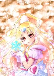 Rule 34 | 1girl, blonde hair, brooch, cure tomorrow, eyelashes, from side, fur-trimmed gloves, fur trim, gloves, hair ornament, heart, heart brooch, heart hair ornament, highres, hugtto! precure, jewelry, lens flare, long hair, looking at viewer, manekineko5319, open mouth, pink gloves, pleated skirt, precure, red eyes, short sleeves, skirt, snowflakes, solo, very long hair, white skirt