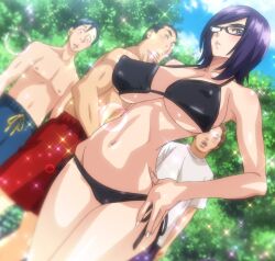 Rule 34 | 1girl, 3boys, bikini, black bikini, blue eyes, breasts, character request, cleavage, glasses, hand on own hip, highres, large breasts, legs, looking at viewer, mature female, multiple boys, navel, purple hair, short hair, staring, stitched, swimsuit, thighs, third-party edit