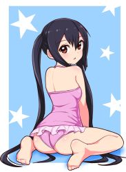 Rule 34 | 1girl, ass, barefoot, black hair, blush, breasts, brown eyes, commentary, cougar (cougar1404), english commentary, full body, k-on!, long hair, looking at viewer, nakano azusa, open mouth, solo, star (symbol), swimsuit, twintails, wedgie