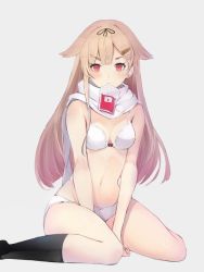 Rule 34 | 10s, 1girl, black socks, blonde hair, blood, blood bag, blush, bow, bow bra, bow panties, bra, breasts, cleavage, grey background, hair flaps, hair ornament, hair ribbon, hairclip, highres, kantai collection, long hair, looking at viewer, mouth hold, navel, panties, red eyes, ribbon, scarf, simple background, sitting, small breasts, socks, solo, sumisu (mondo), underwear, underwear only, v arms, wariza, white bra, white panties, white scarf, yuudachi (kancolle), yuudachi kai ni (kancolle)