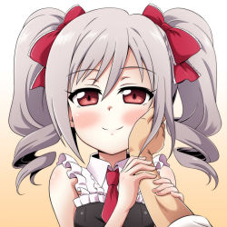 Rule 34 | 10s, 1girl, blush, bow, drill hair, frills, gradient background, hair bow, hands on another&#039;s cheeks, hands on another&#039;s face, idolmaster, idolmaster cinderella girls, kanzaki ranko, looking at viewer, necktie, red eyes, silver hair, sleeveless, smile, twin drills, twintails, uraichishi