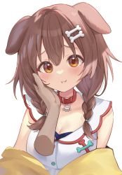 Rule 34 | 1boy, 1girl, animal ears, blush, bone hair ornament, braid, brown eyes, brown hair, closed mouth, disembodied limb, dog ears, hair between eyes, hair ornament, hand on another&#039;s cheek, hand on another&#039;s face, highres, hololive, inugami korone, inugami korone (1st costume), long hair, looking at viewer, off shoulder, ruka tou, shirt, simple background, solo focus, twin braids, twintails, upper body, virtual youtuber, white background, white shirt