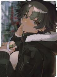 Rule 34 | 1girl, absurdres, black hair, black jacket, blurry, blurry background, blush, bon (vtuber), breasts, burger, closed mouth, dark-skinned female, dark skin, ear piercing, earrings, food, from side, fur-trimmed jacket, fur trim, grey eyes, gwennvt, highres, holding, holding food, indie virtual youtuber, jacket, jewelry, large breasts, looking at viewer, piercing, ribbed sweater, ring, short hair, solo, sweater, white sweater