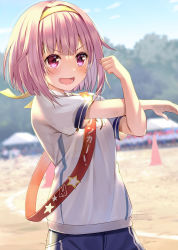 Rule 34 | 1girl, blue shorts, blurry, blurry background, blush, breasts, commentary request, cowboy shot, day, depth of field, dutch angle, hair intakes, hairband, highres, looking ahead, ootori emu, open mouth, pink eyes, pink hair, project sekai, puffy short sleeves, puffy sleeves, ribbon, sash, shirt, short hair, short sleeves, shorts, shoulder sash, sky, small breasts, smile, solo, standing, star (symbol), stretching, v-shaped eyebrows, white shirt, yellow hairband, yellow ribbon, yuuka nonoko