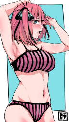 Rule 34 | 1girl, armpits, arms up, atamadarurun, bikini, black ribbon, blue eyes, blunt bangs, blush, breasts, butterfly hair ornament, cleavage, collarbone, from side, go-toubun no hanayome, hair ornament, large breasts, looking at viewer, nakano nino, navel, open mouth, pink bikini, pink hair, raised eyebrows, ribbon, simple background, stomach, striped bikini, striped clothes, swimsuit, twintails, vertical-striped bikini, vertical-striped clothes