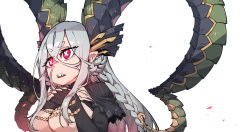 Rule 34 | 1girl, :o, absurdres, black gloves, braid, breasts, commentary, curled horns, elbow gloves, eyes visible through hair, fate/grand order, fate (series), fingerless gloves, fingernails, from side, gloves, grey hair, hands up, highres, horns, large breasts, long fingernails, long hair, long horns, parted lips, pointy ears, red eyes, sharp fingernails, sharp teeth, simple background, solo, ssambatea, symbol-shaped pupils, teeth, tiamat (fate), upper teeth only, white background, wide-eyed, x-shaped pupils