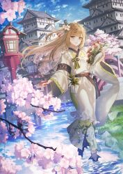Rule 34 | 1girl, architecture, blush, bouquet, brown hair, cherry blossoms, east asian architecture, flower, girls&#039; frontline neural cloud, green eyes, highres, holding, holding bouquet, japanese clothes, kimono, long hair, long sleeves, no.aei, sakuya (neural cloud), smile, solo, wide sleeves