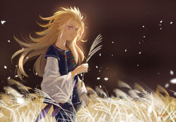 Rule 34 | 1boy, bead necklace, beads, blonde hair, blue vest, brown background, closed mouth, cowboy shot, enki (juuni kokuki), floating hair, from side, goopon, hand up, highres, holding, jewelry, juuni kokuki, layered sleeves, light particles, long hair, long sleeves, looking at viewer, male focus, motion blur, necklace, pointy ears, purple eyes, sash, short over long sleeves, short sleeves, smile, solo, vest, wheat field, white sleeves, wind