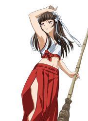 Rule 34 | 1girl, arm up, armpits, bamboo broom, bow, broom, brown hair, crop top, female focus, hakama, hakama skirt, hip vent, ikkitousen, japanese clothes, long hair, midriff, miko, navel, nontraditional miko, official art, red bow, red hakama, simple background, skirt, sleeveless, smile, solo, ten&#039;i (ikkitousen), white background