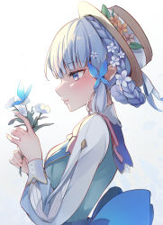 Rule 34 | 1girl, 7aka ne11, absurdres, ayaka (genshin impact), blue dress, blue eyes, blue hair, blunt bangs, braid, breasts, butterfly hair ornament, collar, commentary request, dress, flower, from side, genshin impact, hair flower, hair ornament, hair up, half-closed eyes, hands up, hat, hat flower, hat ribbon, highres, holding, holding flower, kamisato ayaka, kamisato ayaka (springbloom missive), light blue hair, light smile, long sleeves, medium breasts, mole, mole under eye, official alternate costume, official alternate hairstyle, parted lips, puffy long sleeves, puffy sleeves, ribbon, solo, twin braids, white collar, white flower, white ribbon