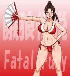Rule 34 | 1girl, breasts, brown hair, character name, copyright name, fatal fury, highres, large breasts, midriff, ponytail, shiranui mai, smile