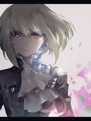 Rule 34 | 1boy, ascot, black gloves, black jacket, blonde hair, close-up, closed mouth, earrings, fire, frilled sleeves, frills, gloves, green hair, half gloves, highres, jacket, jewelry, letterboxed, lio fotia, male focus, ouka (stan), outstretched hand, portrait, promare, purple eyes, solo, upper body