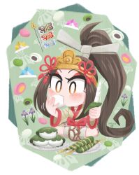 Rule 34 | 1girl, absurdly long hair, black hair, blush, border, bow, brown footwear, chest sarashi, chibi, collarbone, commentary, crown, dated, eating, eyelashes, eyeshadow, food, food request, geta, gold headwear, green background, hair bow, hair ribbon, high ponytail, highres, holding, holding food, japanese clothes, kimono, kodomo no hi, koinobori, long hair, makeup, mochi, motion lines, object request, orange eyes, original, patterned background, plate, red bow, red eyeshadow, red ribbon, red trim, ribbon, sarashi, signature, single blush sticker, sitting, socks, symbol-only commentary, tabi, very long hair, waist bow, white border, white bow, white socks, windsock, yamato koara, yellow kimono