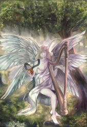 Rule 34 | 1boy, angel, angel wings, apple, artist name, barefoot, blonde hair, collarbone, convenient censoring, demon horns, feathered wings, food, fruit, harp, helel (megami tensei), highres, holding, holding food, holding fruit, horns, instrument, long hair, looking at viewer, lucifer (megami tensei), male focus, multiple wings, nature, outdoors, rock, seraph, shawl, shin megami tensei, shin megami tensei ii, sitting, sitting on rock, snake, solo, symbolism, thighs, tree, white shawl, wings, yellow eyes, yonic symbol, zurisaki