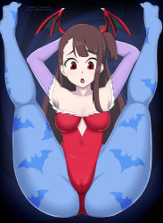 Rule 34 | 1girl, ass, breasts, brown hair, cameltoe, capcom, cleavage, cosplay, crossover, feet, flexible, highres, kagari atsuko, legs, lilith aensland, lilith aensland (cosplay), little witch academia, long hair, looking down, medium breasts, navel, open mouth, pantyhose, red eyes, setrakian draws, soles, solo, vampire (game)