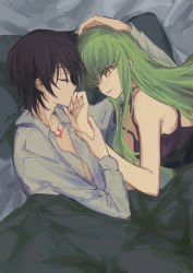 Rule 34 | 1boy, 1girl, absurdres, bed sheet, black hair, black shirt, c.c., closed eyes, code geass, collarbone, collared shirt, couple, dress shirt, from above, green hair, grey shirt, hetero, highres, kiss, kissing hand, lelouch vi britannia, long hair, lying, okuseric, on side, open clothes, open shirt, parted lips, shirt, short hair, sleeveless, sleeveless shirt, straight hair, strap gap, under covers, very long hair, wing collar, yellow eyes