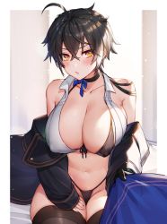 1girl ahoge bikini black_bikini black_hair black_thighhighs blush breasts cleavage covered_erect_nipples crossed_bangs highres hwansang_jungdog large_breasts looking_at_viewer navel orange_eyes original short_hair sitting solo swimsuit thighhighs