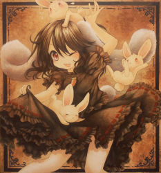 Rule 34 | 1girl, :x, alternate costume, animal ears, artist name, black dress, black hair, rabbit, clothes lift, dated, dress, dress lift, inaba tewi, looking at viewer, mosho, one eye closed, open mouth, painting (medium), rabbit ears, rabbit girl, rabbit tail, red eyes, shikishi, signature, smile, solo, tail, touhou, traditional media, watercolor (medium)