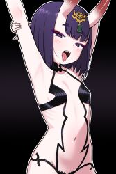 Rule 34 | 1girl, absurdres, armpits, arms behind head, arms up, bare shoulders, blush, breasts, chin chin, collarbone, eyeliner, fate/grand order, fate (series), headpiece, highres, horns, looking at viewer, makeup, navel, oni, open mouth, purple eyes, purple hair, revealing clothes, short hair, shuten douji (fate), skin-covered horns, small breasts, solo, tongue, tongue out