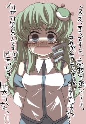 Rule 34 | 1girl, :o, arms behind back, bare shoulders, blue eyes, blush, collared shirt, crying, crying with eyes open, detached sleeves, empty eyes, female focus, frog hair ornament, gaoo (frpjx283), green hair, hair ornament, highres, kochiya sanae, long hair, looking at viewer, nose blush, open mouth, pink background, shirt, shouting, sidelocks, simple background, snake hair ornament, solo, tears, touhou, upper body