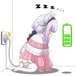 Rule 34 | 10s, 1girl, battery, beads, charging, closed eyes, corner, dragon horns, electric plug, electrical outlet, from side, full body, hair beads, hair ornament, highres, horns, huyase, kanna kamui, kobayashi-san chi no maidragon, light purple hair, lightning bolt symbol, long hair, no shoes, profile, sitting, sleeping, solo, tail, thighhighs, white thighhighs, zzz