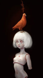 Rule 34 | 1girl, animal, animal on head, bird, bird on head, black background, blood, bloody tears, breasts, doll, doll joints, joints, looking at viewer, navel, nipples, nude, on head, original, short hair, simple background, small breasts, white hair, yoru (xueyinye)