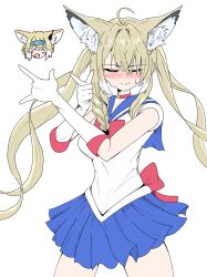 2girls :d \m/ ^_^ ahoge animal_ear_fluff animal_ears arknights bishoujo_senshi_sailor_moon blonde_hair blue_sailor_collar blue_skirt blush bow bowtie chibi chibi_inset choker closed_eyes closed_mouth commentary cosplay elbow_gloves embarrassed facing_viewer gloves hair_between_eyes hair_intakes hands_up highres long_hair mikita_casdy multiple_girls open_mouth pleated_skirt red_bow red_bowtie red_choker sailor_collar sailor_moon sailor_moon_(cosplay) shirt short_sleeves simple_background skirt smile standing suzuran_(arknights) sweatdrop thumbs_up twintails vulpisfoglia_(arknights) white_background white_gloves white_shirt