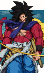 Rule 34 | 1boy, absurdres, biceps, black hair, black wristband, body fur, chinese clothes, circlet, cosplay, dragon ball, dragon ball gt, gigatan d, highres, journey to the west, long hair, looking at viewer, male focus, monkey boy, monkey tail, muscular, muscular male, no nipples, ruyi jingu bang, pants, pectorals, red fur, saiyan, solo, son goku, spiked hair, staff, sun wukong, sun wukong (cosplay), super saiyan, super saiyan 4, tail