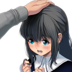 Rule 34 | 1girl, black legwear, blue eyes, blush, commentary request, hand on another&#039;s head, head pat, headpat, kouno (masao), long hair, long sleeves, open mouth, original, pov, pov hands