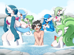 Rule 34 | 1boy, 6+girls, alternate color, blue hair, breasts, choker, covering privates, covering breasts, creatures (company), dr. voir (nanosheep), game freak, gardevoir, gen 3 pokemon, green hair, hair ornament, height difference, highres, large breasts, lucyfer, multiple girls, nanosheep (character), neck bell, nintendo, nipples, onsen, pokemon, pokemon (creature), red-framed eyewear, red eyes, semi-rimless eyewear, size difference, standing, steam, third-party edit, uncensored