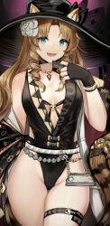 Rule 34 | 1girl, absurdres, animal ear fluff, animal ears, arknights, black gloves, black hat, black one-piece swimsuit, bracelet, breasts, brown hair, card, casual one-piece swimsuit, chain, commentary, cowboy shot, drill hair, english commentary, fang, fingerless gloves, gloves, green eyes, hat, highleg, highleg swimsuit, highres, holding, holding card, jewelry, long hair, looking at viewer, medium breasts, necklace, nopetroto, one-piece swimsuit, open mouth, parted bangs, pearl bracelet, revision, solo, swimsuit, swire (arknights), swire the elegant wit (arknights), tail, thigh strap, thighs, tiger ears, tiger girl, tiger tail, twin drills