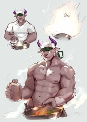 Rule 34 | 1boy, abs, animal ears, bara, brown fur, chest hair, collage, cooking, cow ears, cow horns, cropped legs, facial hair, frying pan, furry, furry male, goatee, highres, holding, holding frying pan, horns, large pectorals, looking at viewer, male focus, mature male, minotaur, muscular, muscular male, navel, nipples, pectorals, purple eyes, purple horns, ralefov, shennong (housamo), shirt, short hair, sideburns, smile, stomach, tight clothes, tight shirt, tokyo houkago summoners, topless male, unfinished, white hair, white shirt