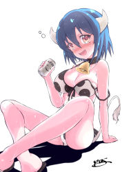Rule 34 | absurdres, animal print, backlighting, bad id, bad pixiv id, beer can, bell, bikini, blue hair, blush, breasts, can, cleavage, cow horns, cow print, cowbell, drink can, drunk, fangs, front-tie bikini top, front-tie top, hair between eyes, highres, horns, jashin-chan dropkick, large breasts, looking at viewer, minos (jashin-chan dropkick), neck bell, off shoulder, print bikini, red eyes, simple background, smile, solo, swimsuit, white background, yuuki shushu