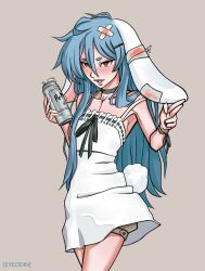 Rule 34 | 1girl, absurdres, ahoge, alcohol, animal ears, bandages, beer, black choker, black ribbon, blood, blood stain, blue hair, brand name imitation, can, choker, dress, eyeodin, frilled dress, frills, hair ornament, hairclip, highres, holding, holding can, indie virtual youtuber, jitome, light blue hair, long hair, lop rabbit ears, para (vtuber), rabbit ears, rabbit tail, red eyes, ribbon, shorts under dress, tail, very long hair, virtual youtuber, white dress