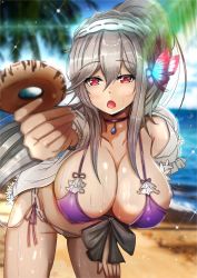 Rule 34 | 1girl, azur lane, beach, bikini, blue gemstone, blue sky, blurry, blurry background, blurry foreground, blush, breasts, choker, cleavage, cloud, collarbone, day, dunkerque (azur lane), dunkerque (summer sucre) (azur lane), flower, gem, giving, grey hair, hair ornament, hairband, hanging breasts, highres, jacket, large breasts, leaning forward, long hair, looking at viewer, navel, ocean, open clothes, open jacket, open mouth, origin (fefnir nightload), outdoors, palm tree, pink eyes, ponytail, purple bikini, sidelocks, sky, solo, sparkle, swimsuit, thighs, tree, wet