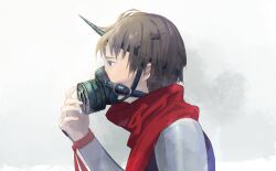 Rule 34 | 1boy, arc (arc the lad), arc the lad, brown eyes, brown hair, cofffee, from side, gas mask, male focus, mask, protected link, red scarf, scarf, short hair, simple background, solo