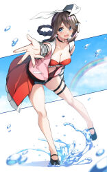 1girl :d bent_over bikini black_footwear black_sleeves blue_eyes blue_shorts blue_sky blush bow braided_hair_rings breasts brown_hair check_commentary cleavage cloud commentary_request detached_sleeves foreshortening full_body hair_between_eyes hair_bow highres jacket leg_up long_hair looking_at_viewer love_live! love_live!_nijigasaki_high_school_idol_club love_live!_nijigasaki_high_school_idol_club_kanketsu-hen mary_janes official_alternate_costume open_clothes open_jacket open_mouth osaka_shizuku pink_jacket rainbow reaching reaching_towards_viewer red_bikini shoes short_shorts shorts sky sleeveless sleeveless_jacket smile solo striped_sleeves swimsuit thigh_strap water white_background white_bow white_sleeves yuuki_makoto_(radiant)