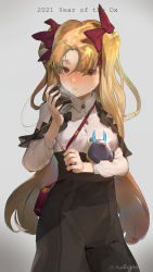 Rule 34 | 1girl, absurdres, bag, black pants, blonde hair, blush, bow, breasts, brown eyes, can, chinese zodiac, closed mouth, collared shirt, commentary request, dress shirt, ereshkigal (fate), fate/grand order, fate (series), grey background, hair bow, hair over one eye, hand up, high-waist pants, highres, holding, holding can, long hair, looking at viewer, nuda, pants, parted bangs, red bow, shirt, shoulder bag, simple background, small breasts, solo, twitter username, two side up, very long hair, white shirt, year of the ox
