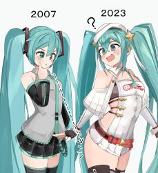 Rule 34 | 2007, 2023, ?, arrow (symbol), blue eyes, blue hair, blush, collared shirt, detached sleeves, dotted line, dual persona, fang, fingerless gloves, gloves, hand on own chin, hat, hatsune miku, headphones, highres, long hair, long sleeves, looking down, microskirt, nanukotu, necktie, open mouth, pleated skirt, racing miku, racing miku (2023), shirt, skirt, sleeveless, sleeveless shirt, smile, strapless, sweat, thighhighs, tube top, twintails, very long hair, vocaloid