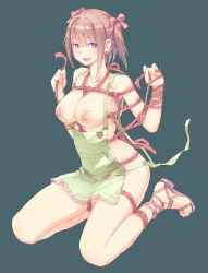Rule 34 | 1girl, :d, armpits, bare shoulders, bikini, blunt bangs, breasts, brown hair, fingernails, full body, green background, hair ribbon, hands up, large breasts, looking at viewer, nipples, no socks, open mouth, original, purple eyes, ribbon, sandals, shibari, short hair, simple background, sitting, smile, solo, swimsuit, toenails, twintails, uniskie, yellow bikini