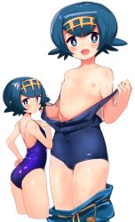 Rule 34 | 1girl, :o, alternate color, ass, back, bad id, bad twitter id, bare shoulders, blue eyes, blue hair, blush, breasts, clothes pull, creatures (company), cropped legs, from side, game freak, hair ornament, happy, highres, lana (pokemon), legs, looking at viewer, looking back, looking to the side, multiple views, navel, nintendo, nipples, open mouth, pants, pants pull, pokemon, pokemon sm, shiny skin, short hair, simple background, small breasts, stomach, strap pull, sweat, swimsuit, thighs, trial captain, undressing, white background