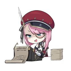 Rule 34 | 1girl, blue eyes, blush, charlotte (genshin impact), chibi, commentary, detached sleeves, english commentary, genshin impact, gloves, hair between eyes, hat, hat feather, highres, kekek, long sleeves, monocle, open mouth, paper, pink hair, shaded face, simple background, solo, typewriter, typing, white background, white gloves